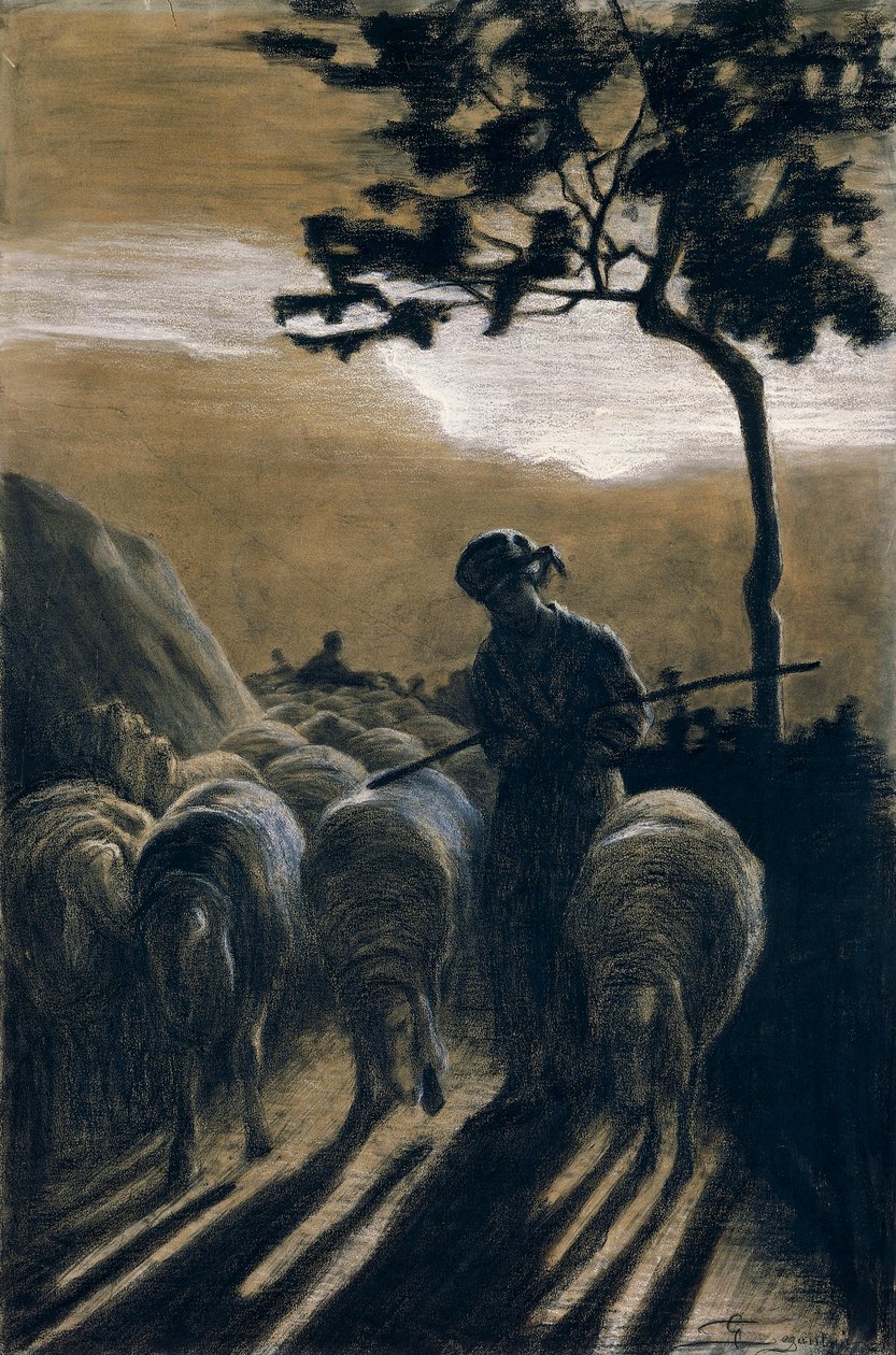 Flock on road af Giovanni Segantini (1858-1899) af Giovanni Segantini