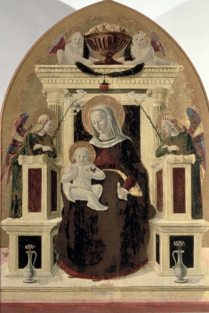 Madonna and Child Enthroned with Angels (tempera på panel) af Girolamo Giovanni