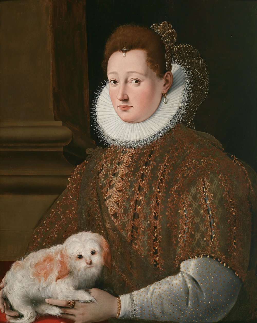 Portræt af en dame med en skødhund af Girolamo Macchietti