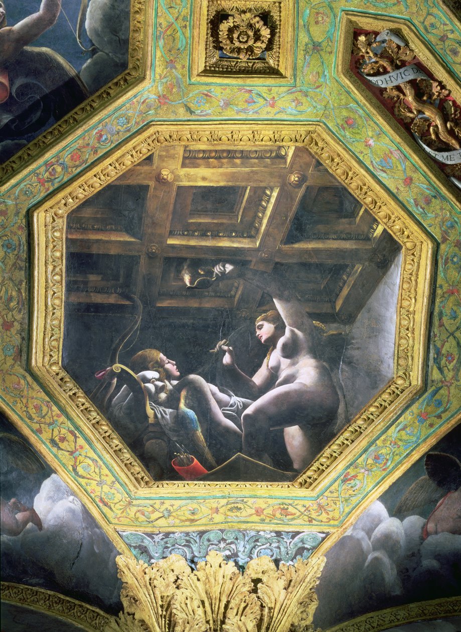 Psyche ser Amor, mens han sover, loftsfrise fra Sala di Amore e Psiche, 1528 (olie på stuk) af Giulio Romano