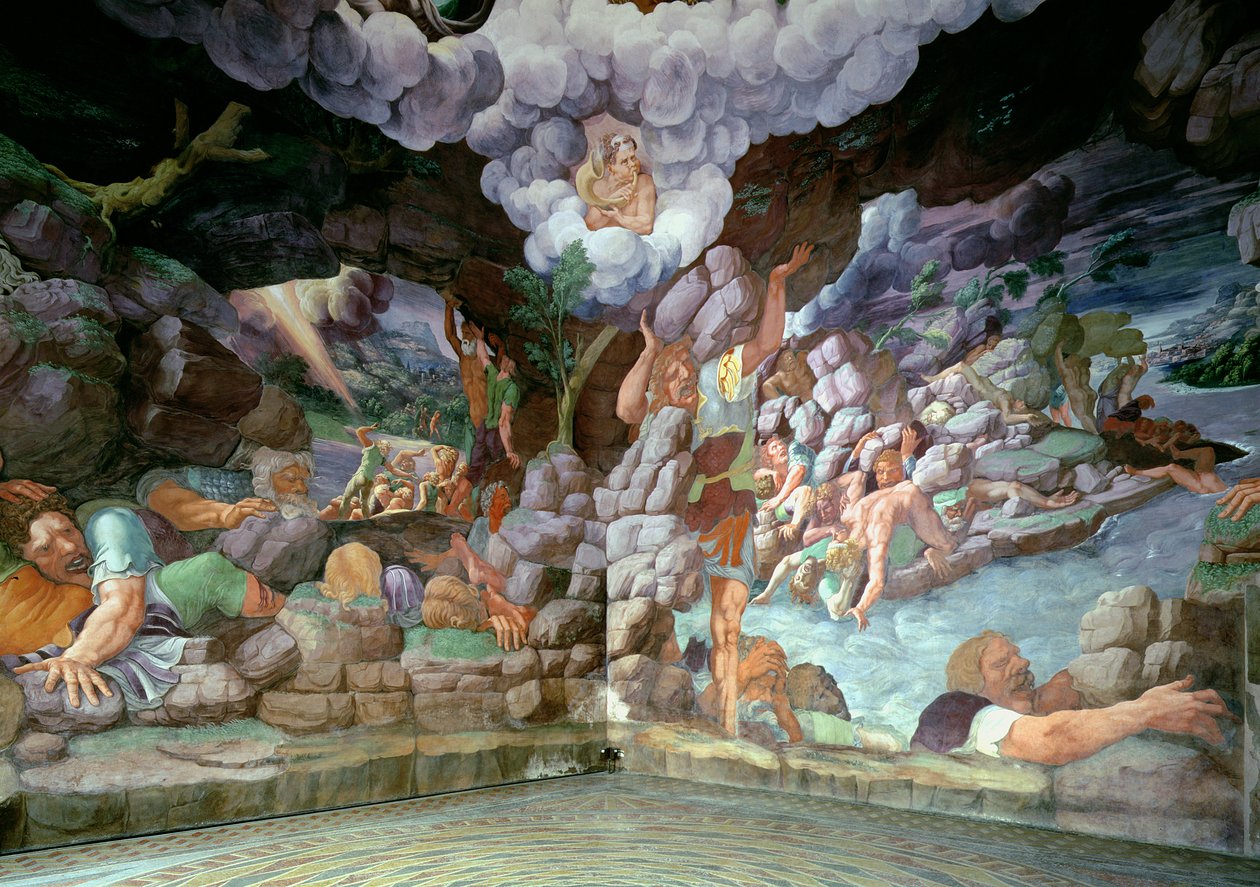 Sala dei Giganti, udsigt over to vægge, der viser ødelæggelsen af de oprørske kæmper af Jupiters tordenbolte, 1536 (for detaljer se 78483-86) af Giulio Romano