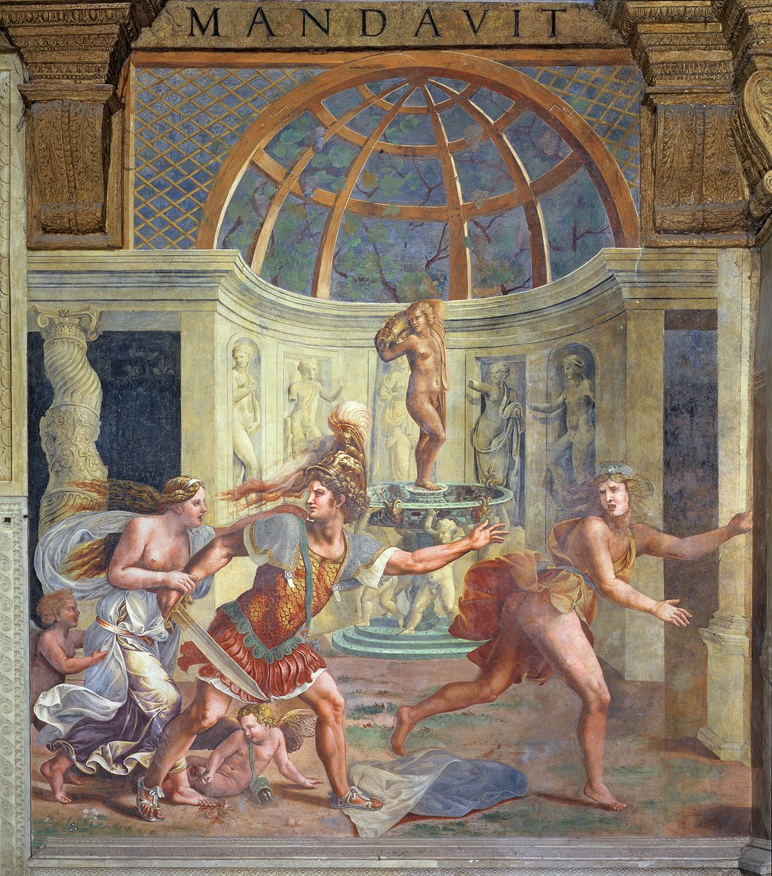 Venus, hvis prikkede fod pletter kronbladene af en rosenrød, med Mars, der forfølger Adonis med et uskelet sværd fra Sala di Amore e Psiche, 1528 af Giulio Romano