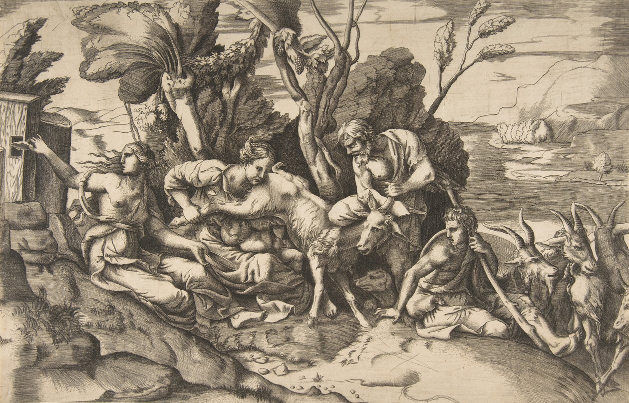 Jupiter diedes af geden Amalthea, 1531-76.. af Giulio Bonasone