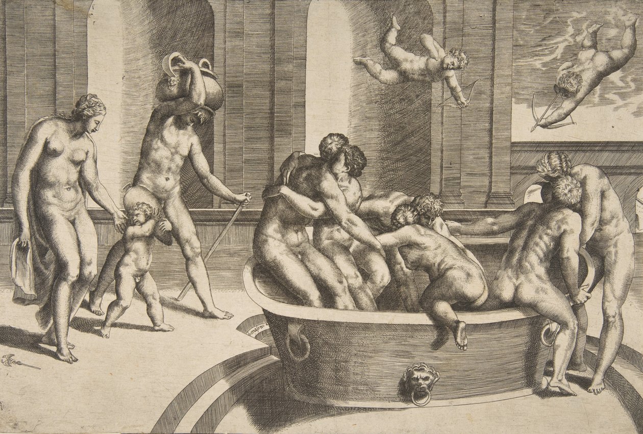 Badende mænd og kvinder, nogle omfavnende, 1531-76. af Giulio Bonasone