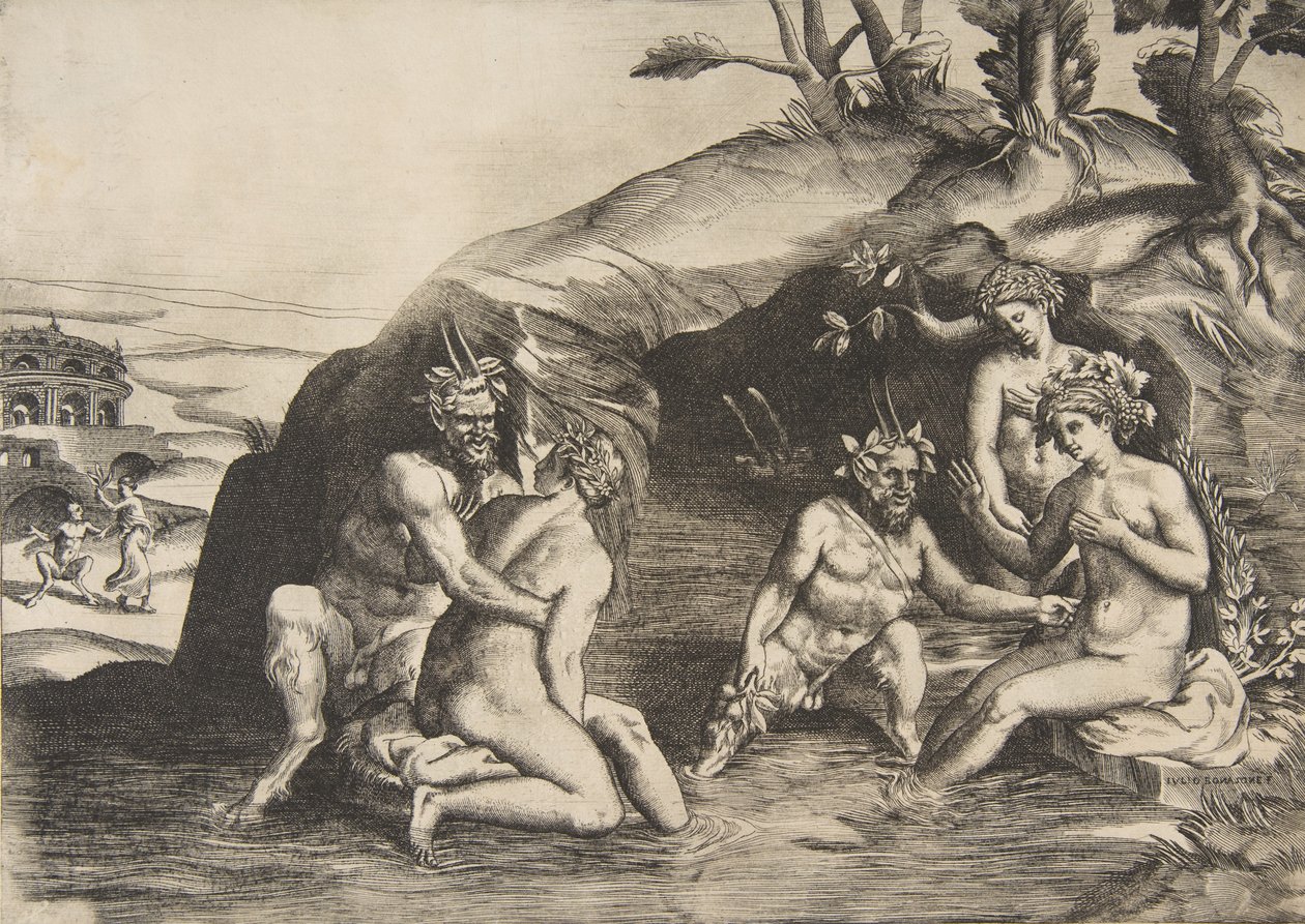 Nymfer og Satyrer badende, 1531-76. af Giulio Bonasone