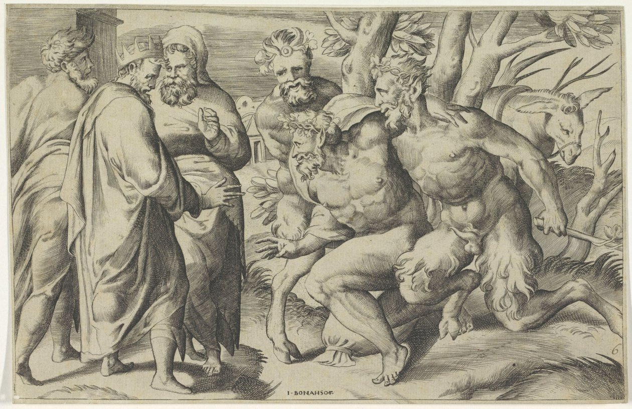 To satyrer bringer Silenus til kong Midas af Giulio Bonasone