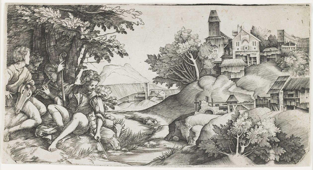 Hyrder i et landskab, ca. 1517-1518 af Giulio Campagnola