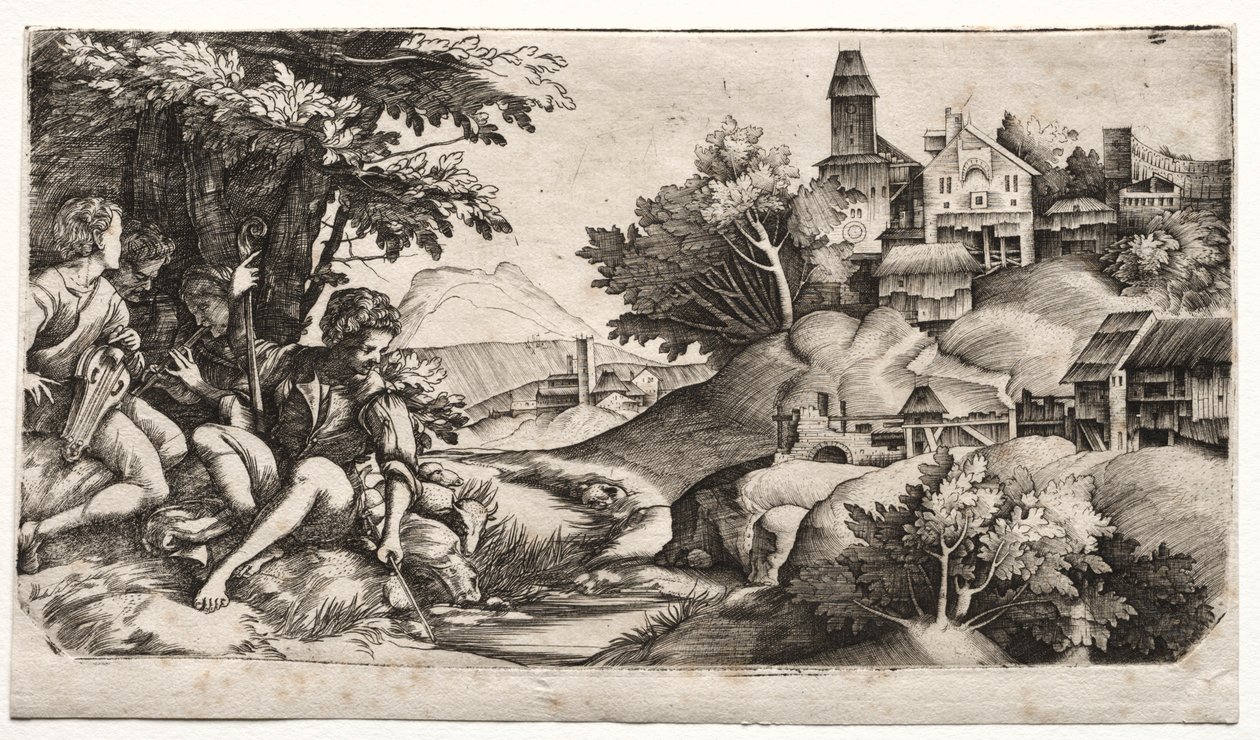 Hyrder i et landskab, ca. 1517. af Giulio Campagnola