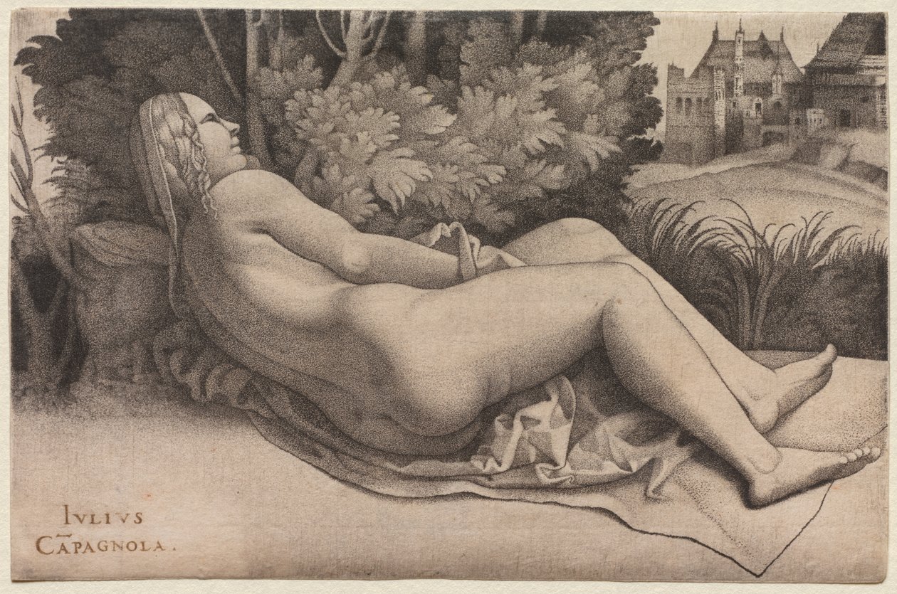 Venus tilbagelænet i et landskab, ca. 1508-09 af Giulio Campagnola