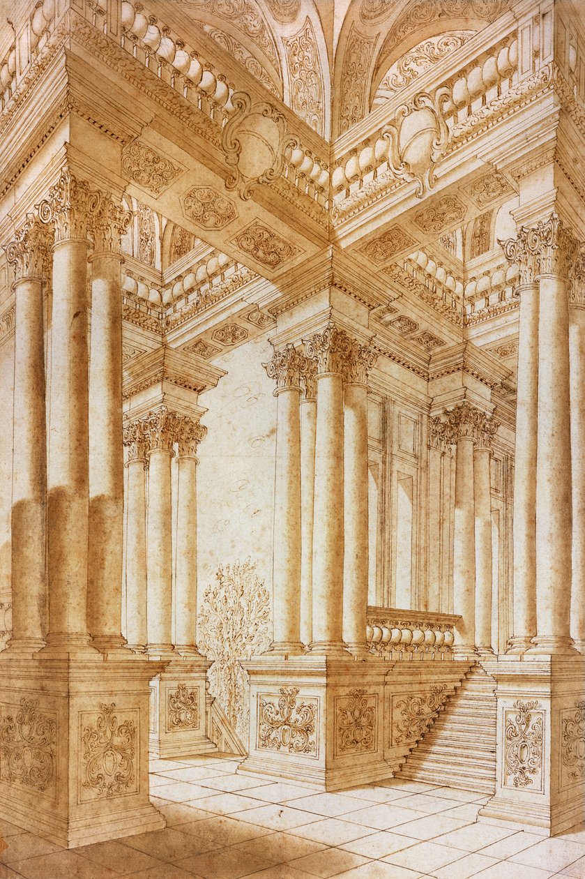 Arkitektonisk undersøgelse (pen og brunt blæk med brun vask på papir) af Giuseppe Bibiena