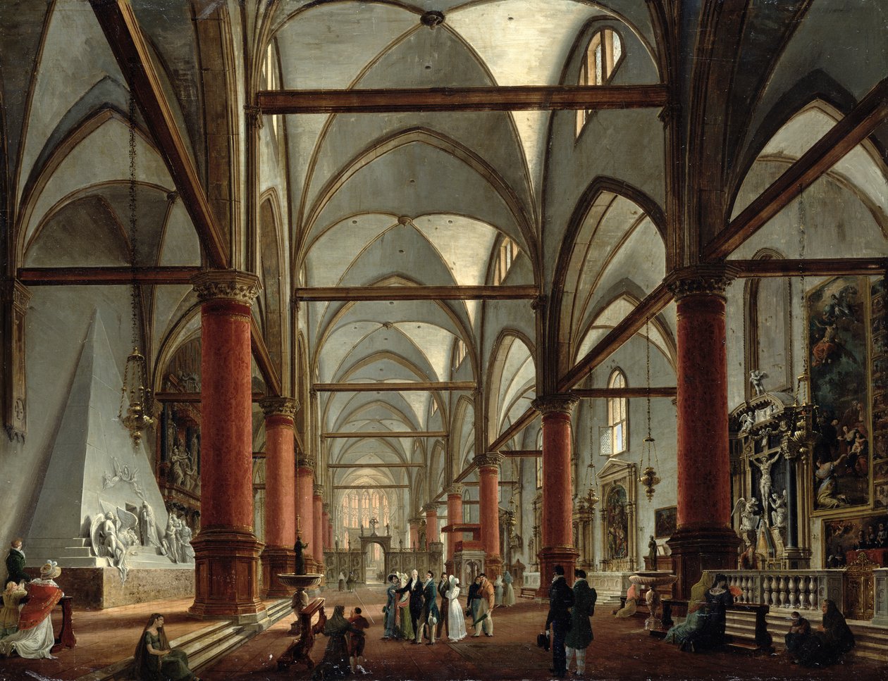 Leopoldo Cicognara (1767-1834) kommenterer Canova-monumentet (1827) i kirken Santa Maria Gloriosa dei Frari, Venedig, 1828 af Giuseppe Borsato