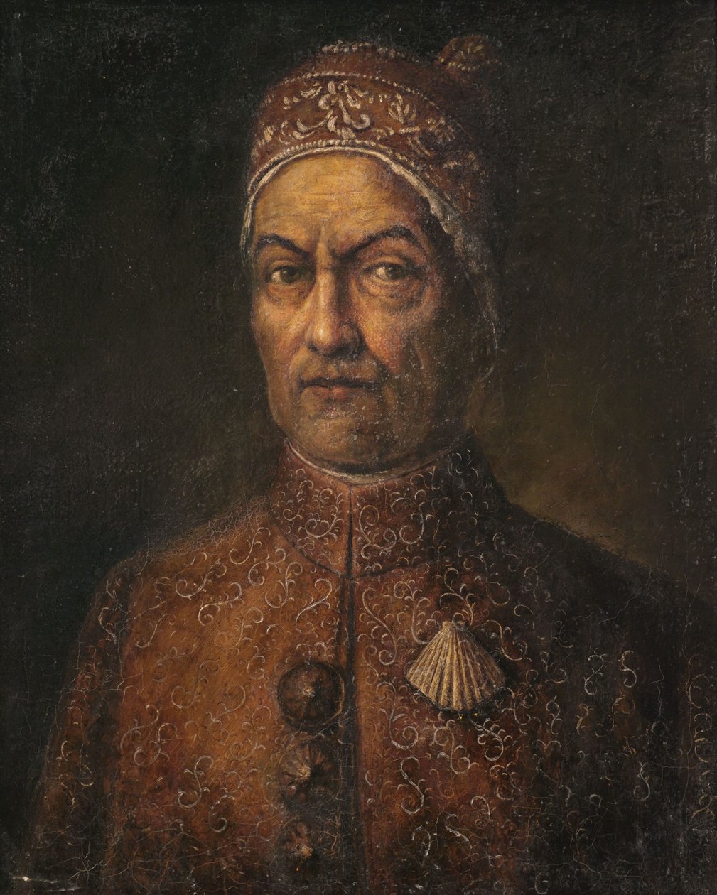 Portræt af en doge i brokadekostumer. af Giuseppe Ghislandi