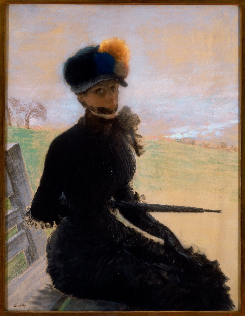 Portrætmaleri af på en kvinde siddende på en bænk af Giuseppe de Nittis