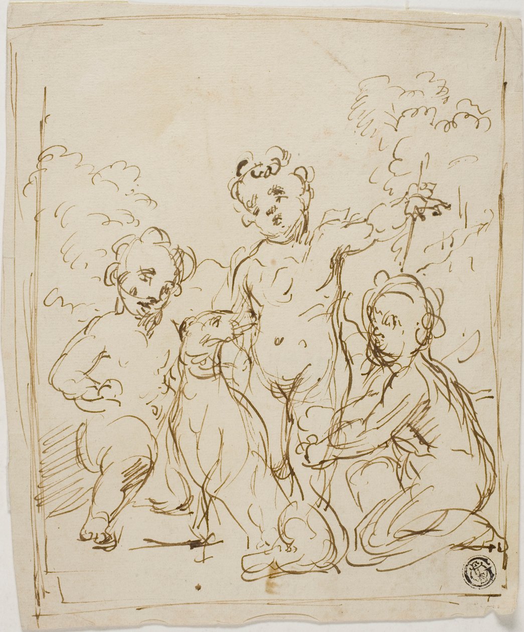 Tre putti og en hund i et landskab af Giuseppe Diamantini