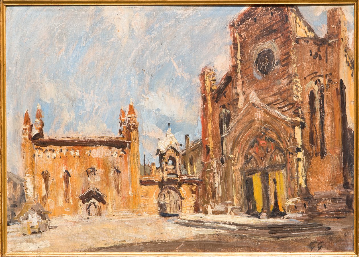 Square i Verona (olie på krydsfiner) af Giuseppe Graziosi