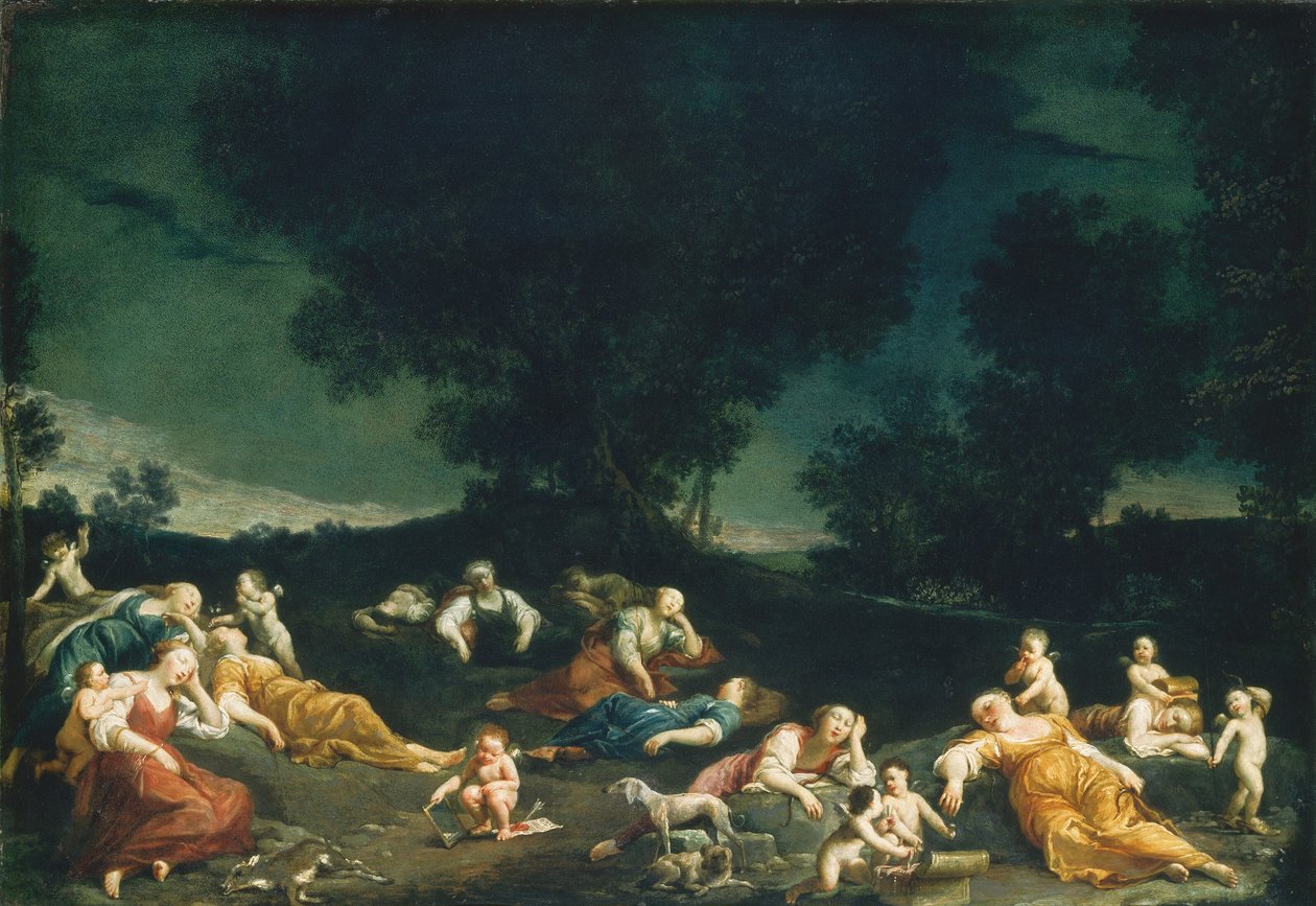 Amorer afvæbner sovende nymfer af Giuseppe Maria Crespi