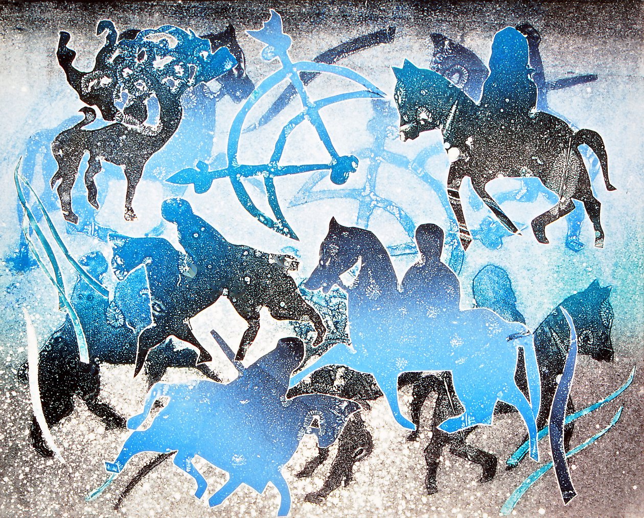 Blue Riders, 2000 (monoprint) af Gloria Wallington