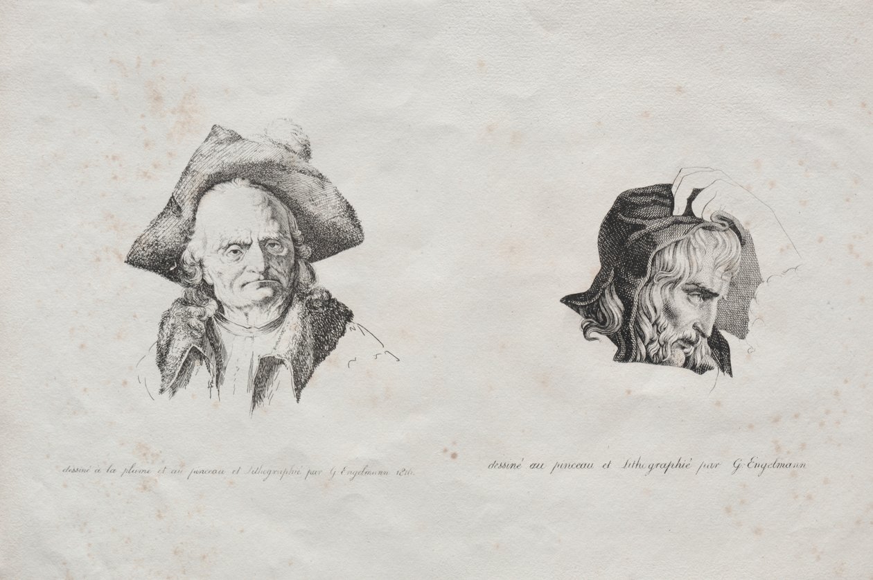 Samling af litografiske essays: To hoveder af Godefroy Engelmann