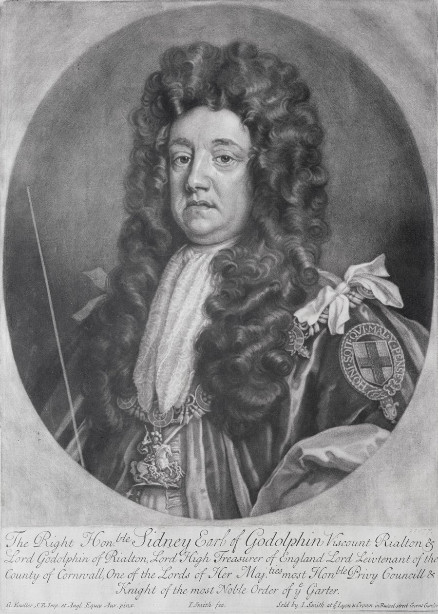 Portræt af Sidney Godolphin (1645-1712) 1. jarl af Godolphin graveret og udgivet af John Smith (1652-1743) 1707 (mezzotint) af Godfrey Kneller