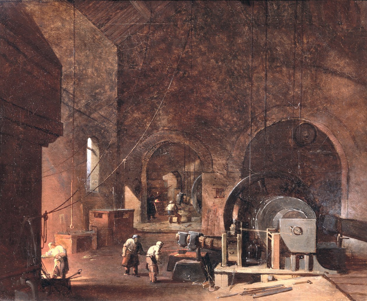 Interiør af et jernværk, ca.1850-60 af Godfrey Sykes
