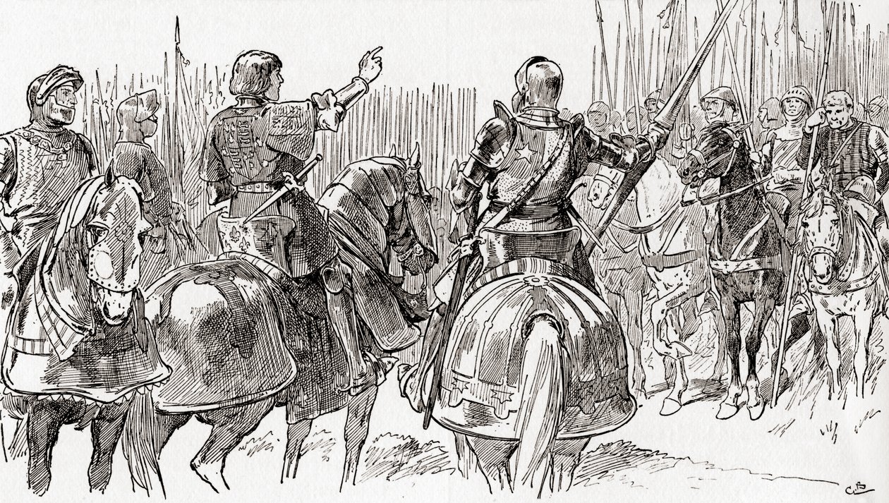 En scene fra William Shakespeares spiller King Richard III, Act V, Scene 2, Richmond: Fellows in arms, and my most loving friends, bruised under the yoke of tyranny, fra The Works of William Shakesp af Gordon Frederick Browne