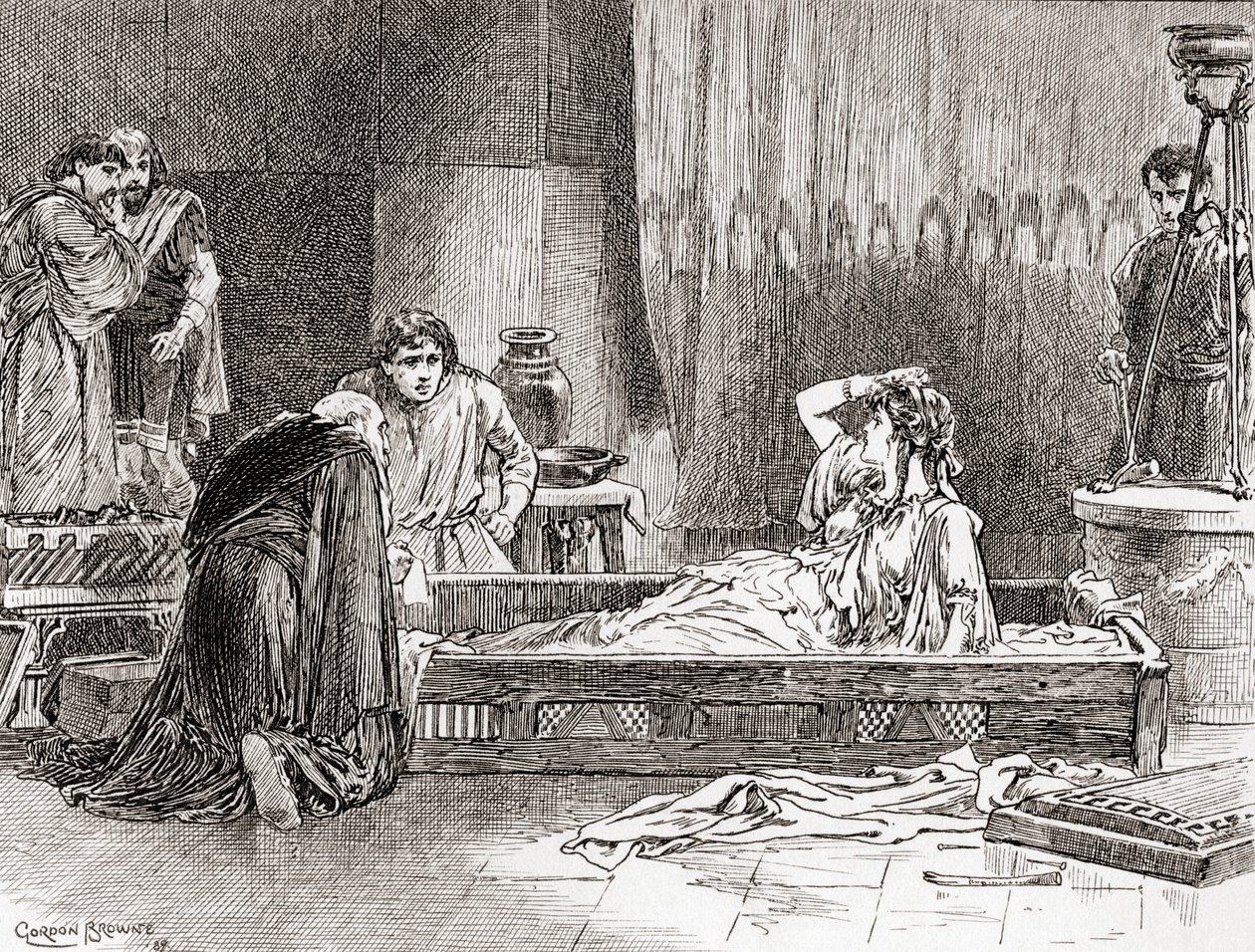 En scene fra William Shakespeares skuespil Pericles, Prince of Tyre, Act III, Scene 2, Thaisa: O, kære Diana, hvor er jeg? Hvor er min herre? Hvilken verden er dette?, fra The Works of William Shakespeare, udgive af Gordon Frederick Browne