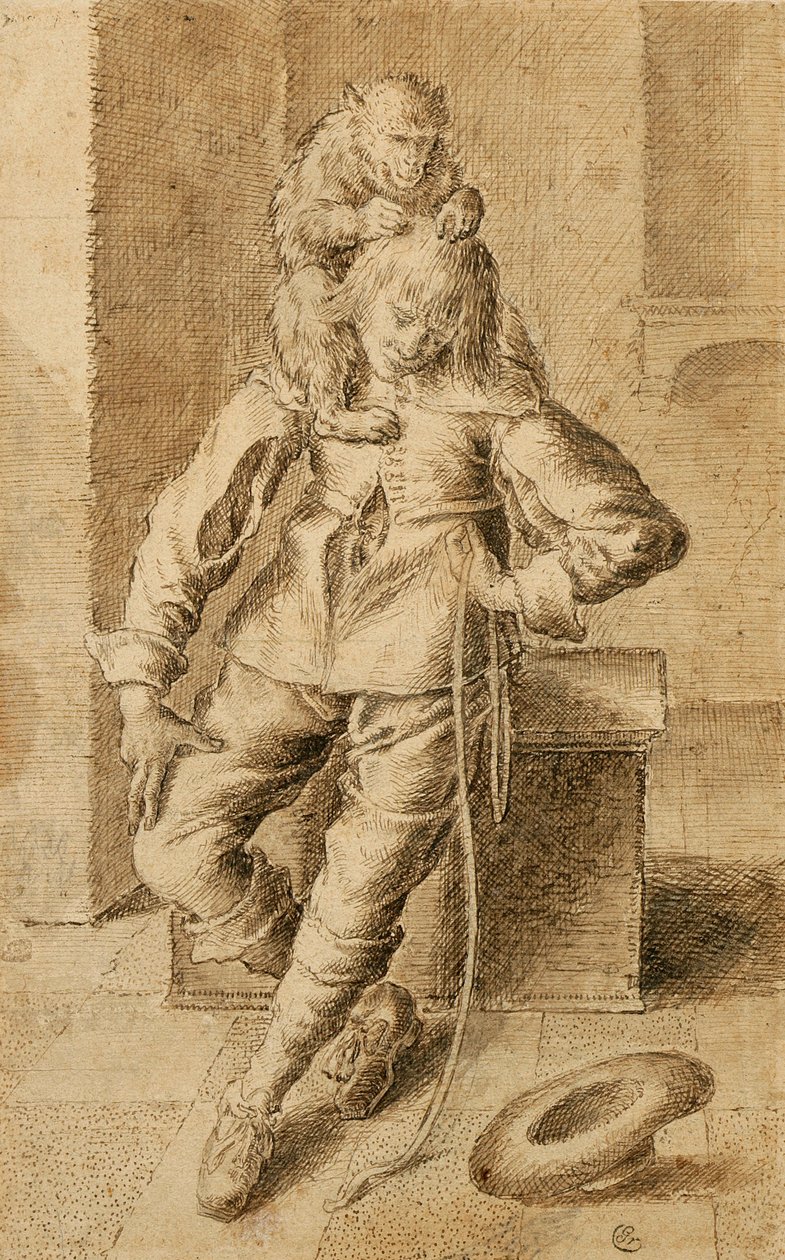 En kavaler med en abe (brun blæk og bistre på beigefarvet papir) af Gottfried Libalt