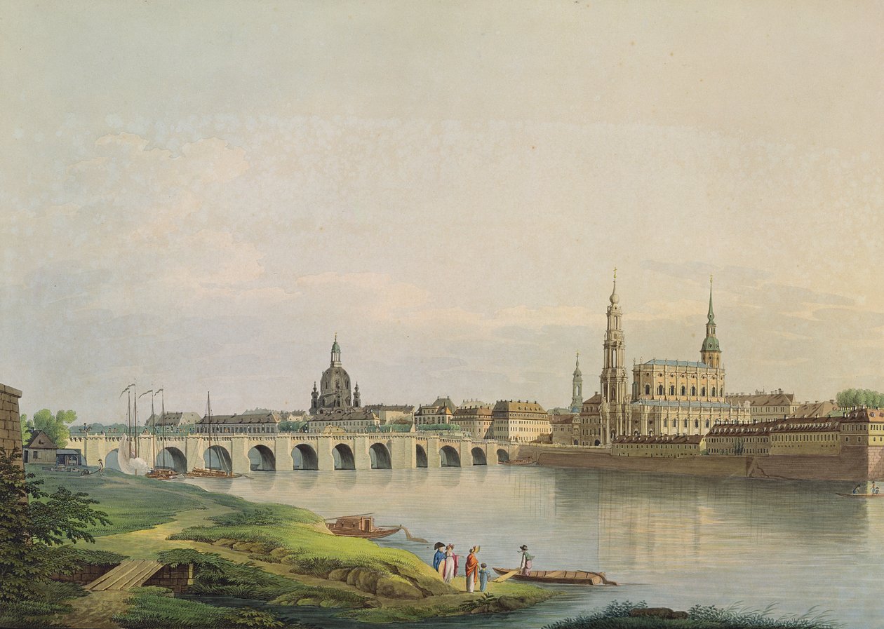 Udsigt over Dresden fra den vestlige del af den nye by (med Frauenkirche, protestantiske kirke, Augustus-broen og katedralen) indgraveret af Christian Gottlob Hammer (1779-1864) (farvestik) af Gottlob Thormeyer or Thormeier