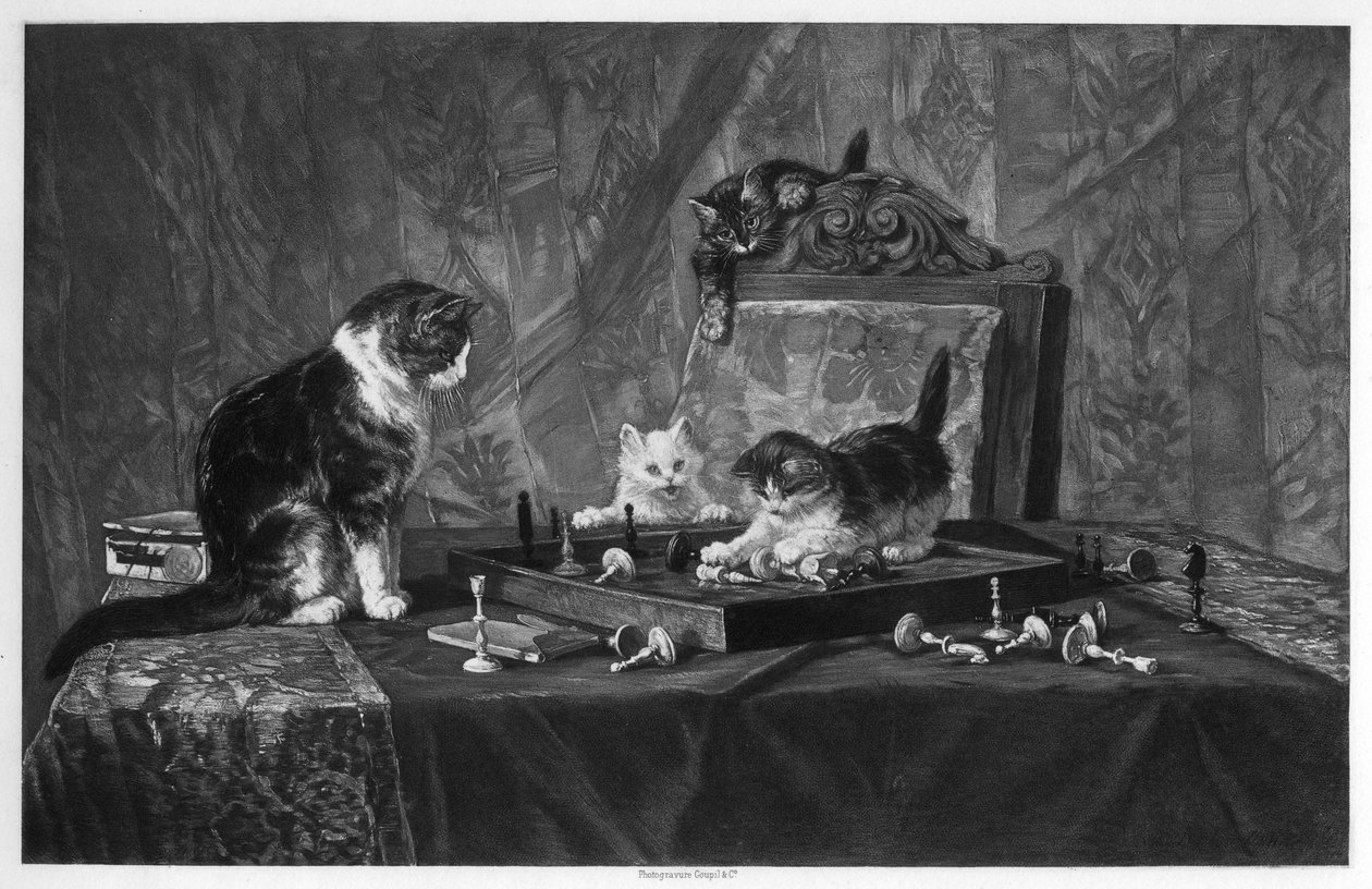 Katte leger med et skakbræt. af Goupil and Co