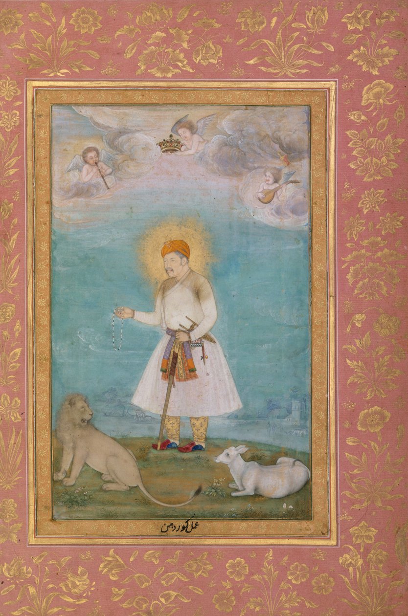 Akbar med løve og kalv, ca. 1630 af Govardhan