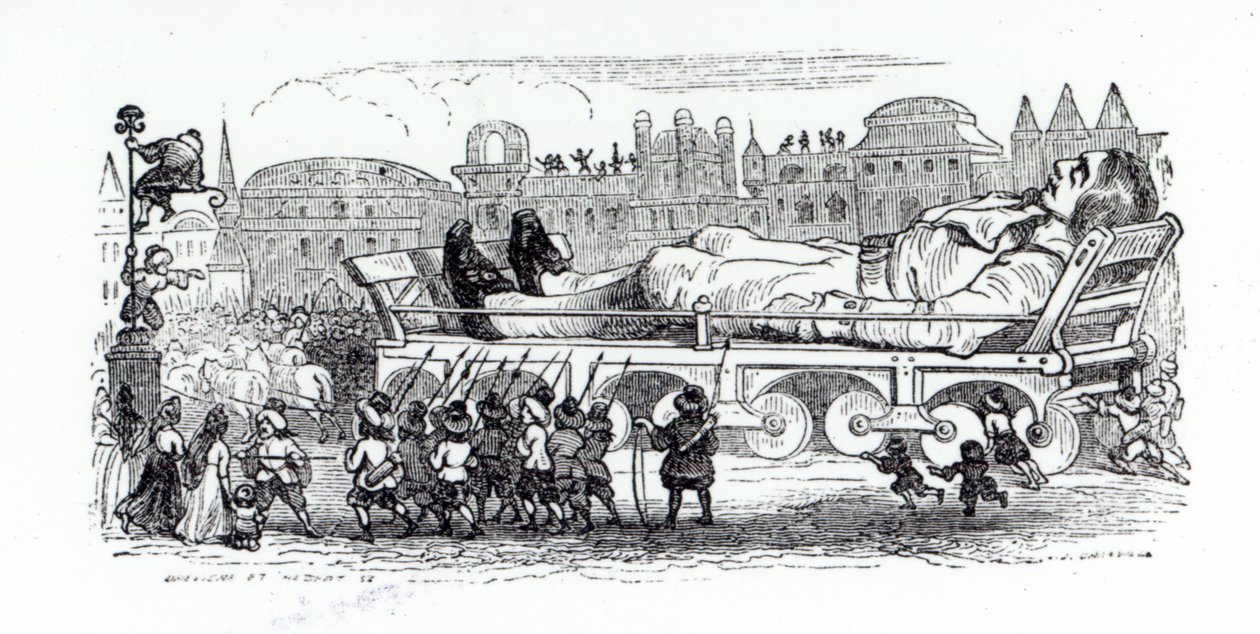 Gulliver bliver transporteret til Lilliputs hovedstad, en illustration fra 