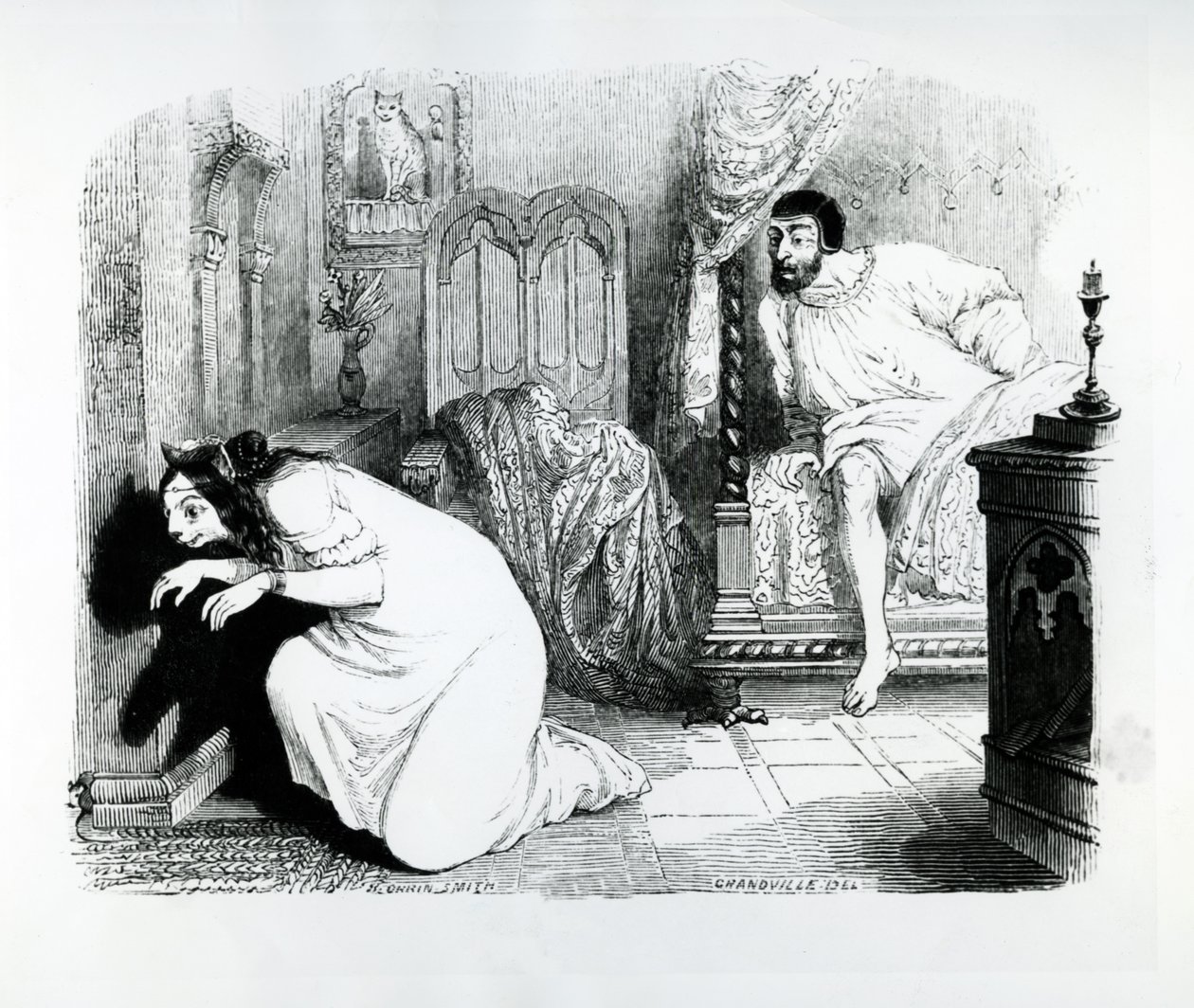 Katten forvandlet til en kvinde, illustration til La Fontaines "Fables", udgivet af H. Fournier Aine, 1838 af Grandville