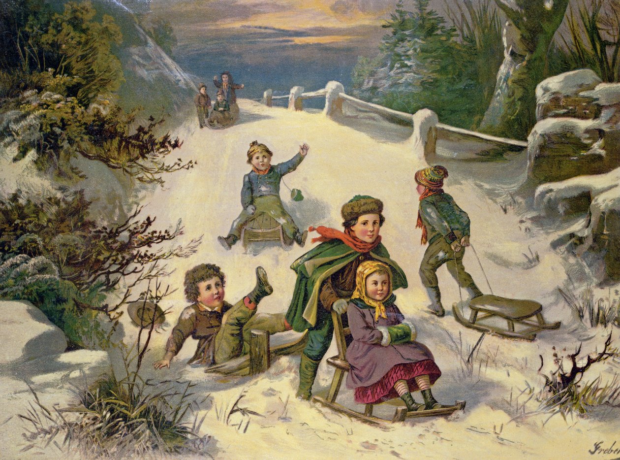Sledging und Snowballing, 1800-tallet (Oleograph) af Greben