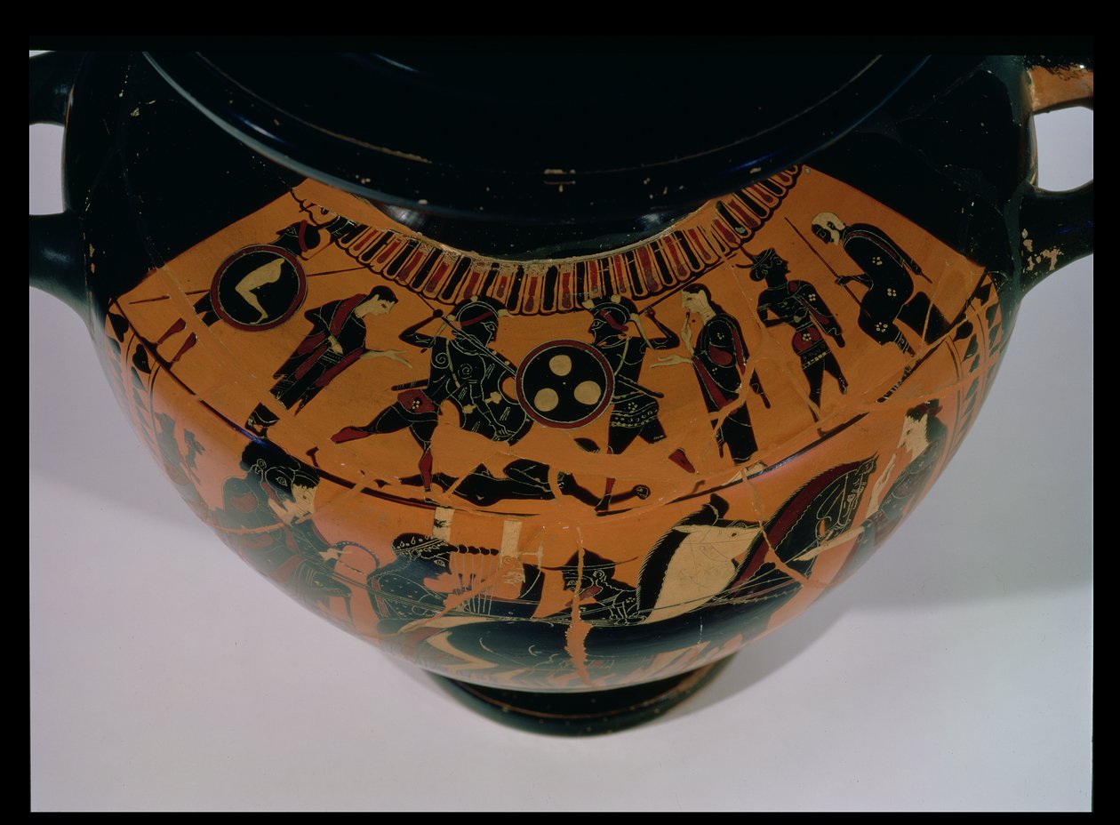 Attic sort-figur hydria, detalje af skulderen dekoreret med en kampscene, 6.-5. århundrede f.Kr. af Greek