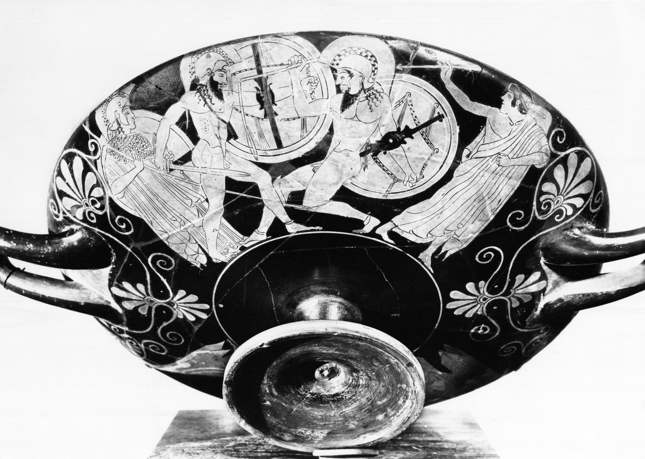 Loftskål med rød figur, der viser Achilleus og Hector, der kæmper i nærværelse af Athena og Apollo (keramik) af Greek