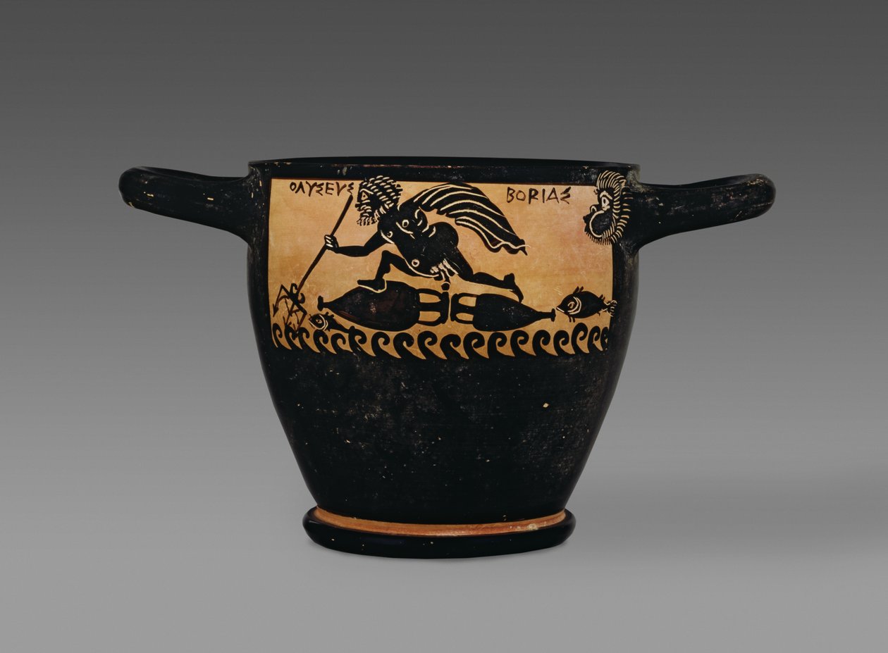 Boeotisk skyphos med sort figur, dekoreret med en scene af Odysseus, der blæses over havet af Boreas, fra Mystae-malerens værksted, Theben, Boeotia, slutningen af det 5. århundrede f.Kr. (keramik) (for ver. af Greek