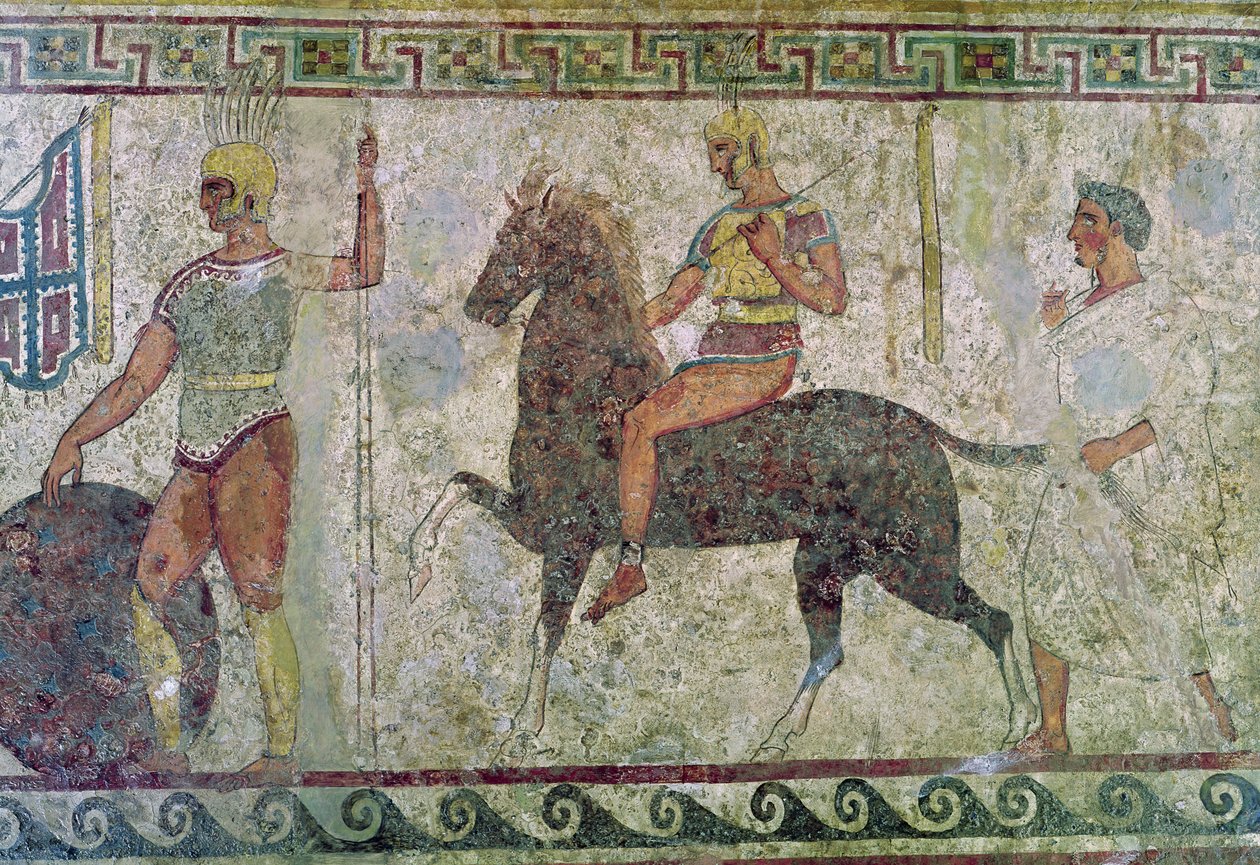 Kavalerist og en fodsoldat, gravmaleri fra Paestum af Greek