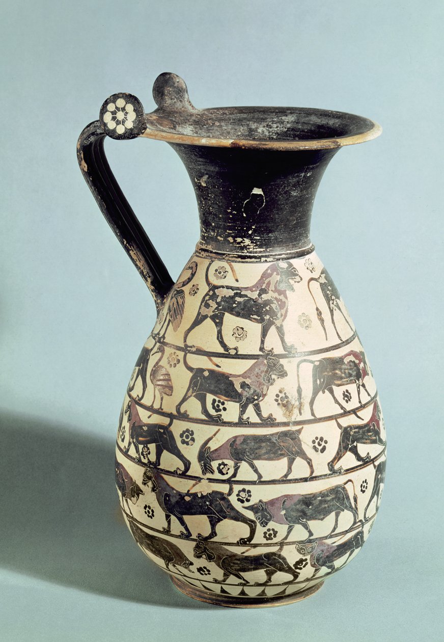 Korintisk oinochoe dekoreret med løver, fra Vulci, ca. 530-520 f.Kr. (keramik) af Greek