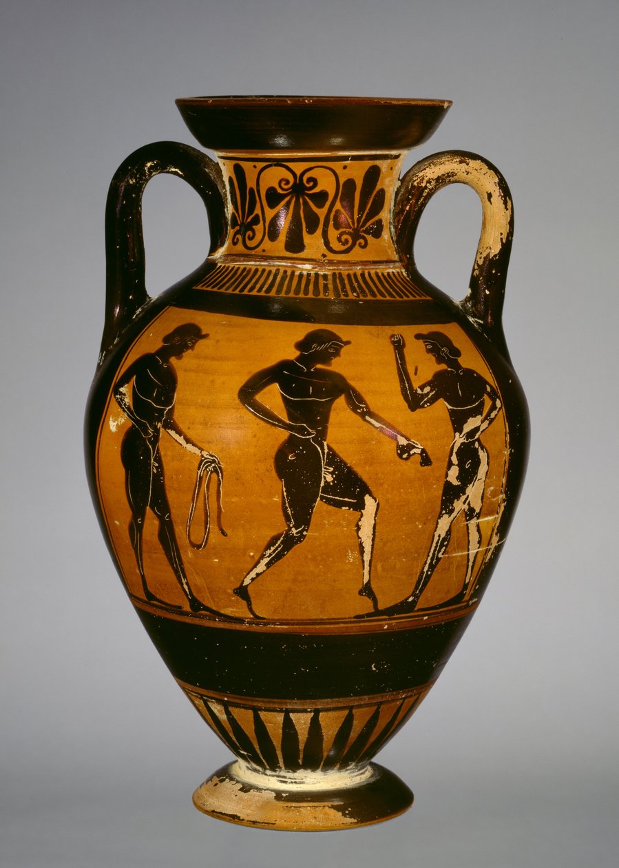 Panathenaisk amfora med tre atleter (keramik) af Greek