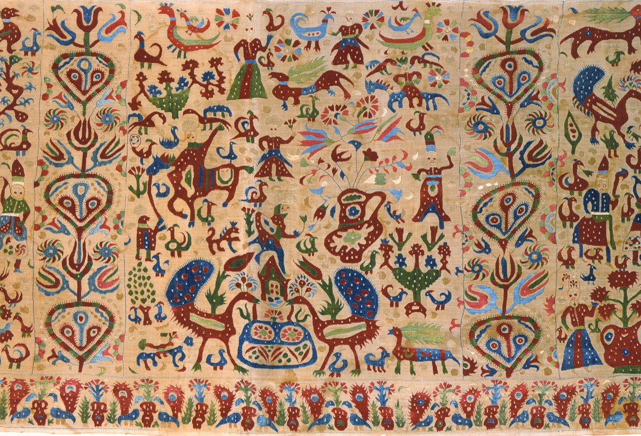 Del af en brudesengevalance, fra Ioannina, Ipeiros (linned broderet med silketråde) (detalje) (se også 271904) af Greek School