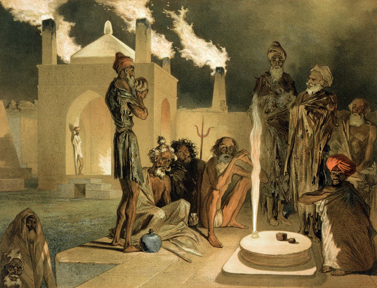 Ateseh-Gah, indianere afsat til Cult of Fire, Baku, plade 44 fra en bog om Kaukasus, graveret af Leroux, pub. af Alfred Leon Lemercier, 1847 af Grigori Grigorevich Gagarin