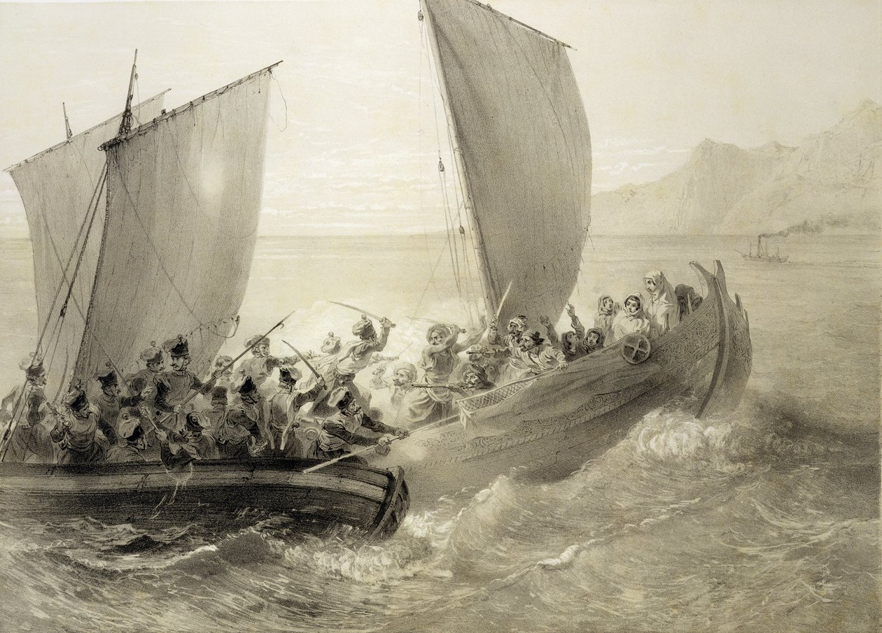 Azov-kosakker ombord på en tyrkisk Corsair fuld af Cherkessk-kvinder ved Sortehavets kyst, indgraveret af pubben Adolphe Bayot (1810-66) og Leon Sabatier (fl.1827-87). af Alfred Leon Lemercier, 1847 ( af Grigori Grigorevich Gagarin