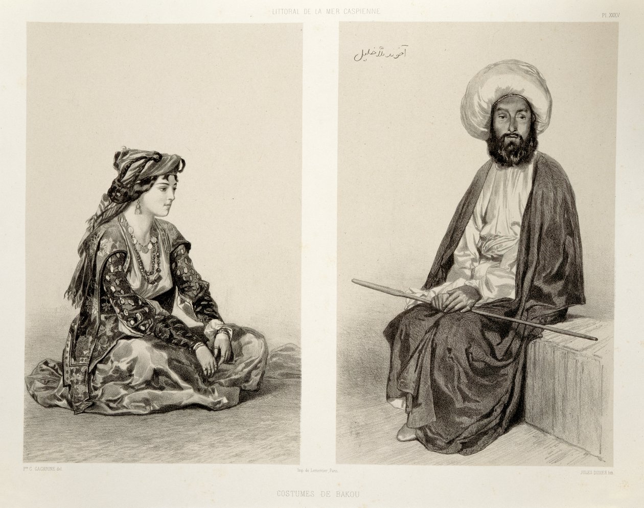 Kostumer fra Baku, Kaspiske Kyst, plade 35 fra en bog om Kaukasus, indgraveret af Jules Didier (1831-92), udgivet af Alfred Leon Lemercier, Paris, 1847 af Grigori Grigorevich Gagarin
