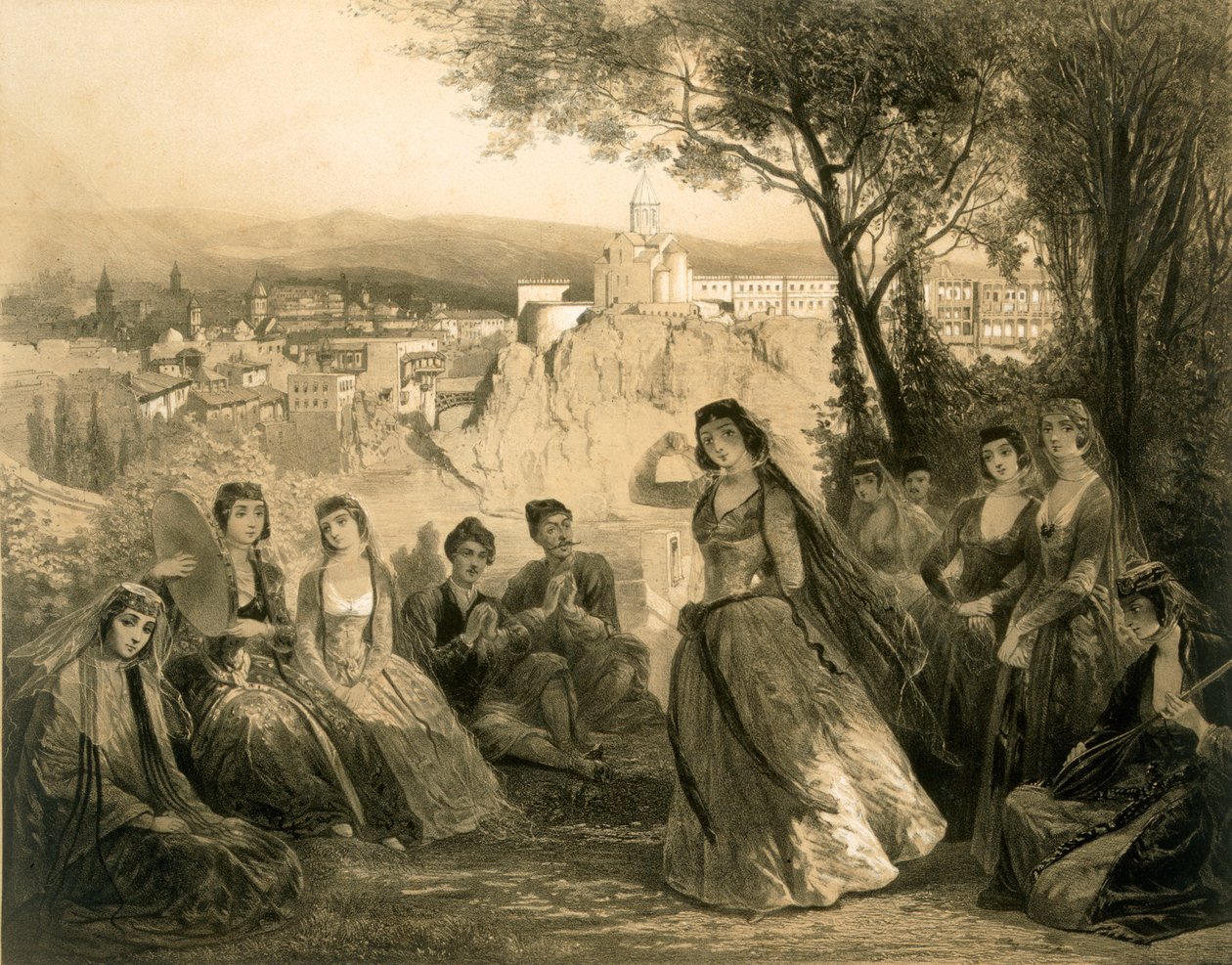 Have nær Tiflis, Georgien, planche 27 fra en bog om Kaukasus, udgivet af Alfred Leon Lemercier, Paris, 1847 af Grigori Grigorevich Gagarin