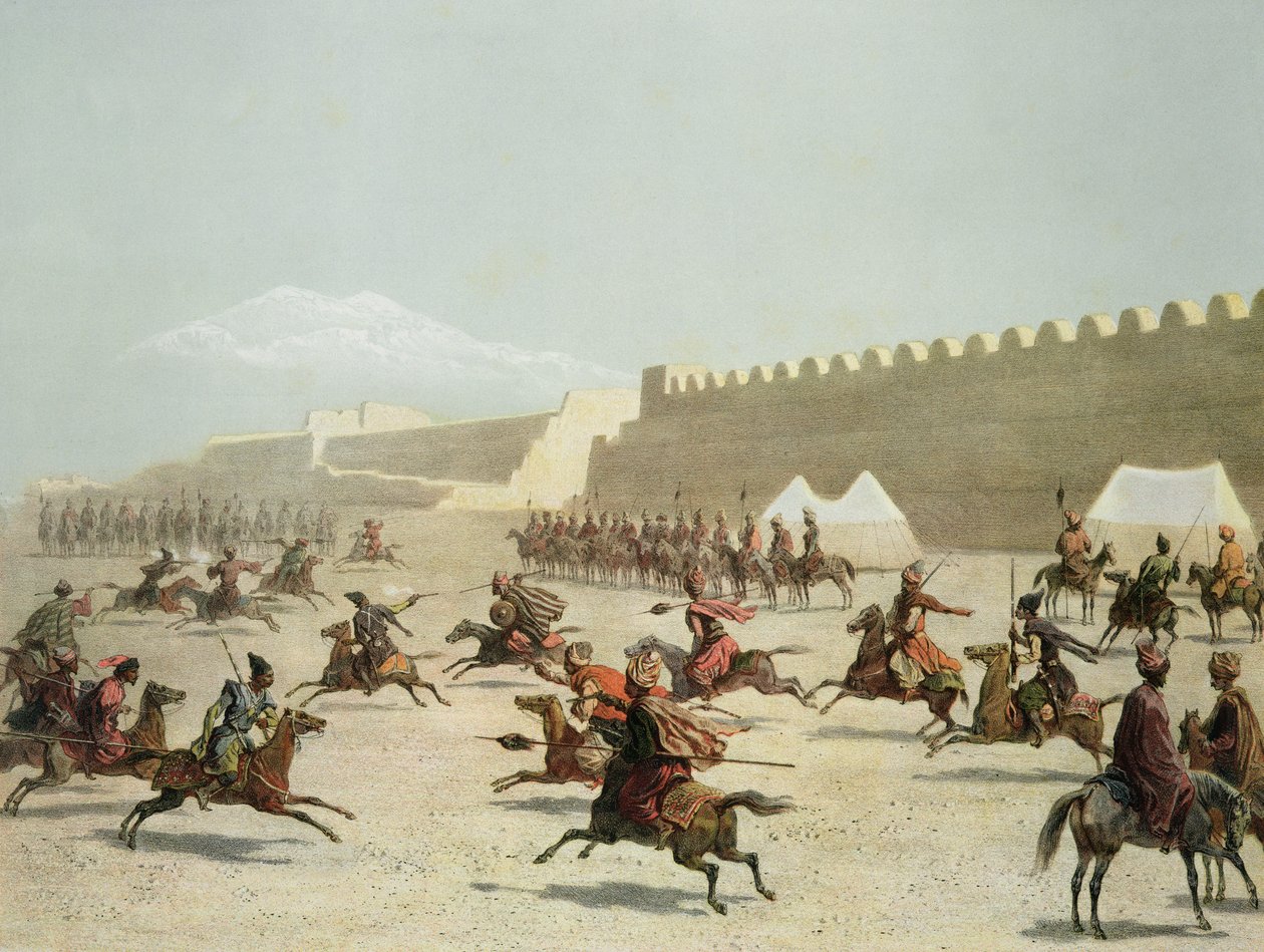 Kurdiske og tatariske krigere ved Sadar Abbat, Armenien, planche 15 fra en bog om Kaukasus, Rayot og Jacottet, udgivet af Alfred Leon Lemercier, Paris, 1847 af Grigori Grigorevich Gagarin