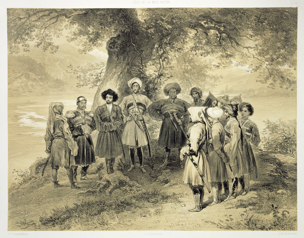 Genforening af Tcherkesse Princes, Sodja Valley, ved Sortehavet, plade 3 fra en bog om Kaukasus, indgraveret af Adolphe Mouilleron (1820-81), udgivet af Alfred Leon Lemercier, Paris, 1847 af Grigori Grigorevich Gagarin
