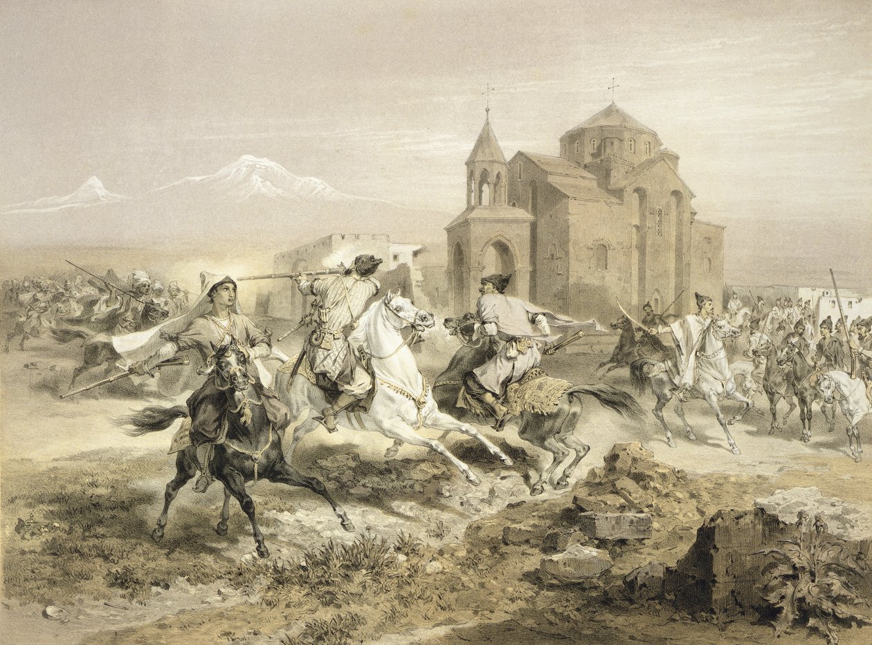 Træfning mellem persere og kurdere i Armenien, plade 13 fra en bog om Kaukasus, indgraveret af Adolphe Jean-Baptiste Bayot (1810-66) udgivet af Alfred Leon Lemercier, Paris, 1847 af Grigori Grigorevich Gagarin