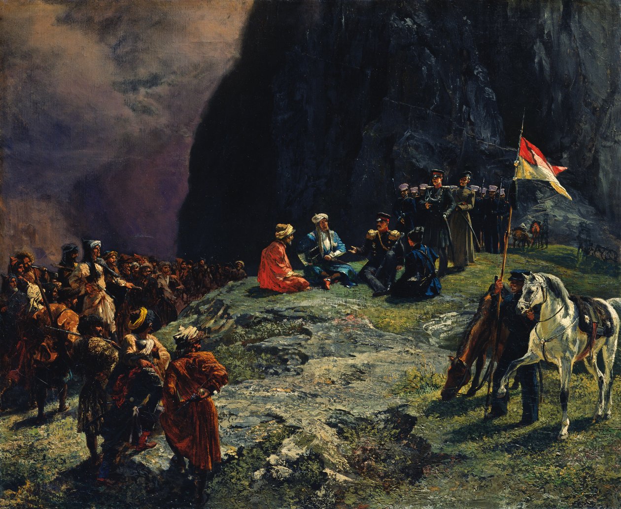 Mødet mellem general Kluke von Klugenau og Imam Shamil i 1837, 1849 af Grigori Grigorevich Gagarin