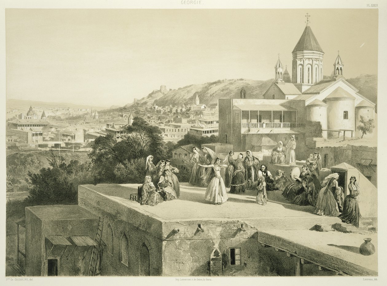 The Terraces of Tiflis, Georgia, plade 34 fra en bog om Kaukasus, indgraveret af Laurens, udgivet af Alfred Leon Lemercier, Paris, 1847 af Grigori Grigorevich Gagarin