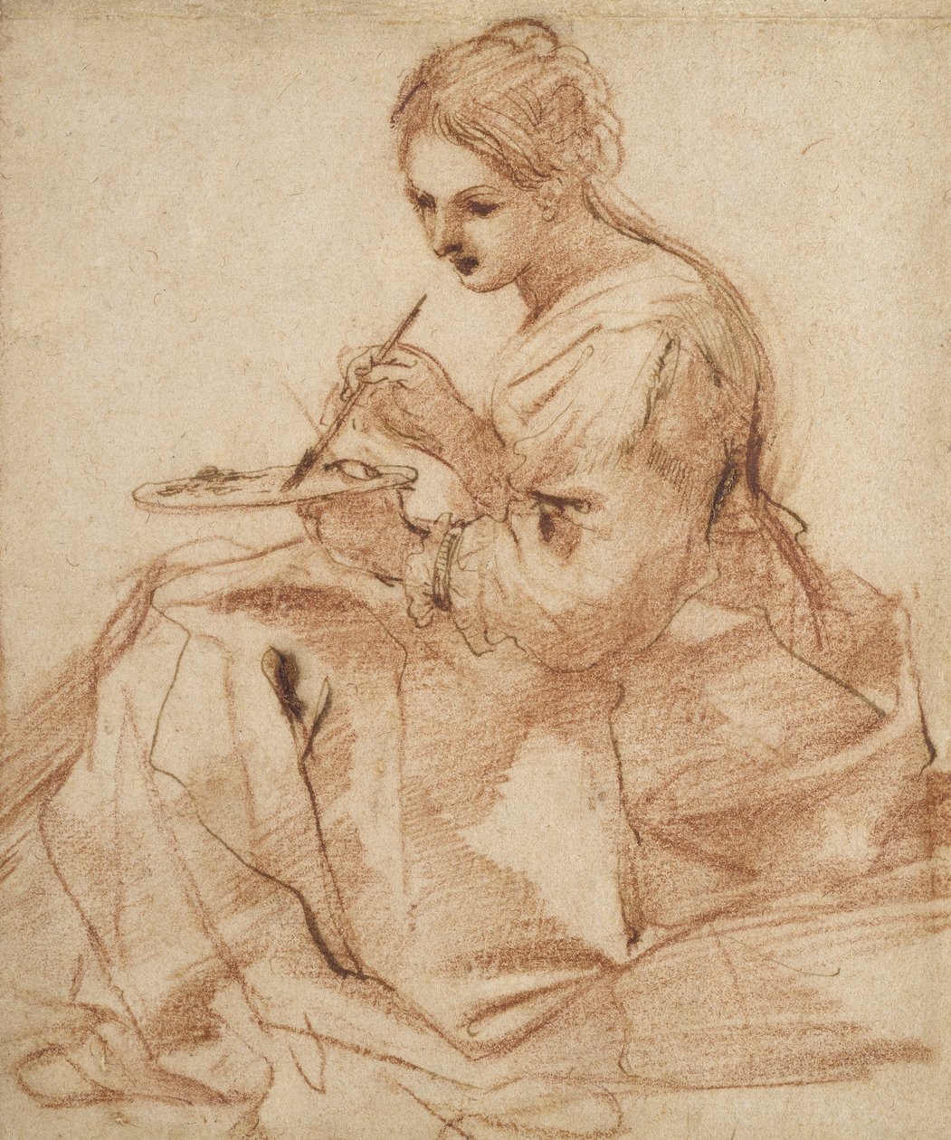 A Woman Painting (An allegory of painting), ca. 1618 (rødt kridt rørt med pen og brunt blæk på råhvidt papir) af Giovanni Francesco Barbieri